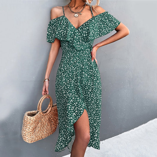 Off-Shoulder Ruffles Casual Ladies Sexy Straps Dress