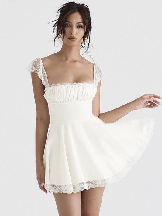 Mozision Elegant White Lace Strap Mini Dress